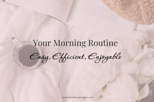 Background image of a white bed, flowers, and a cup of coffee. Text reads Your Morning Routine: Easy, Efficient, Enjoyable