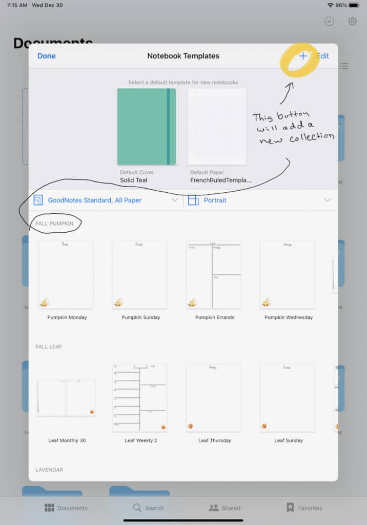 Screenshot of GoodNotes App on how to add a new collection to the templates