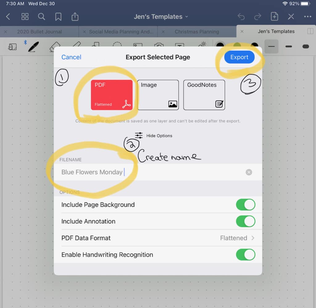 Screenshot of how to format the PDF export for a template pages