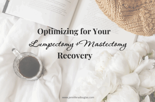 Coffee, book, basket and flowers on a bed. text reads Optimizing for your lumpectomy+mastectomy recovery