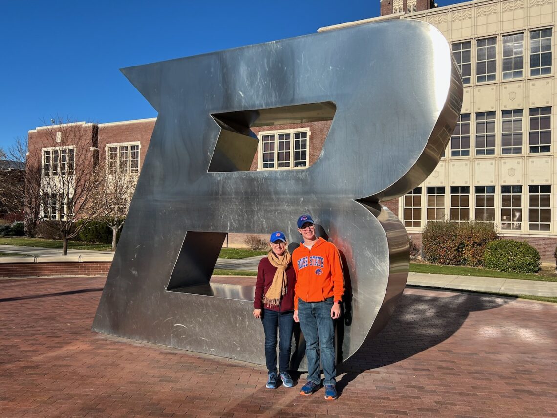 Photo of Author and Son next to the Boise State B.