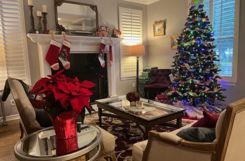 Photo of a living room with a Christmas tree. Two years since DCIS treatment