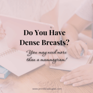 Two women looking at an ipad while seated at a desk. Text reads Do you have dense breasts? You may need more than a mammogram!