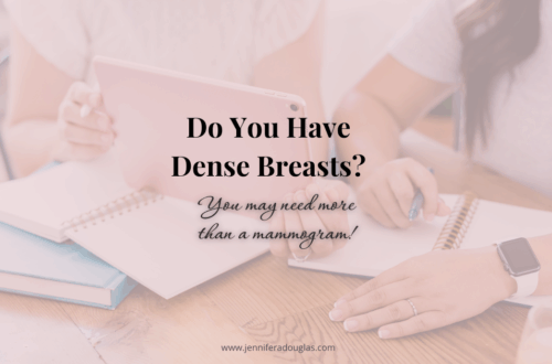 Two women looking at an ipad while seated at a desk. Text reads Do you have dense breasts? You may need more than a mammogram!