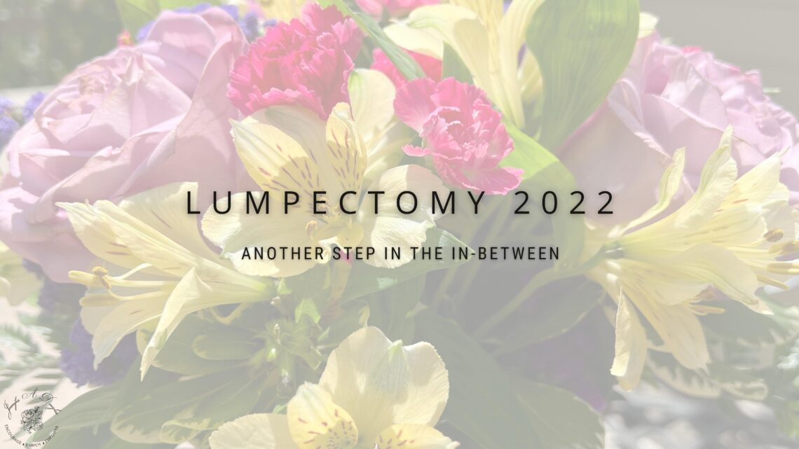 Header image with floral background. Text reads Lumpectomy 2022 another step in the in between.