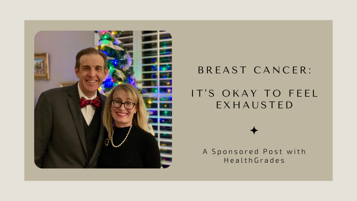 Author and husband in front of lit Christmas tree. Breast Cancer Its Okay to feel exhausted