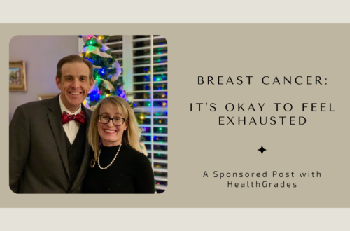 Author and husband in front of lit Christmas tree. Breast Cancer Its Okay to feel exhausted