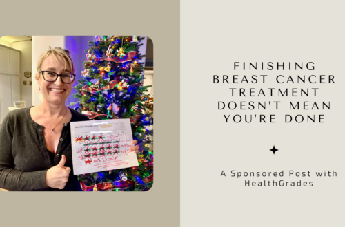finishing treatment doesn't mean you're done. Author standing in front of a Christmas tree holding a calendar with her thumb up