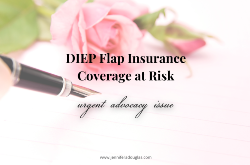 Diep flap insurance coverage is at risk, urgent advocacy issue. Text is over a light pink rose background with a fountain pen.