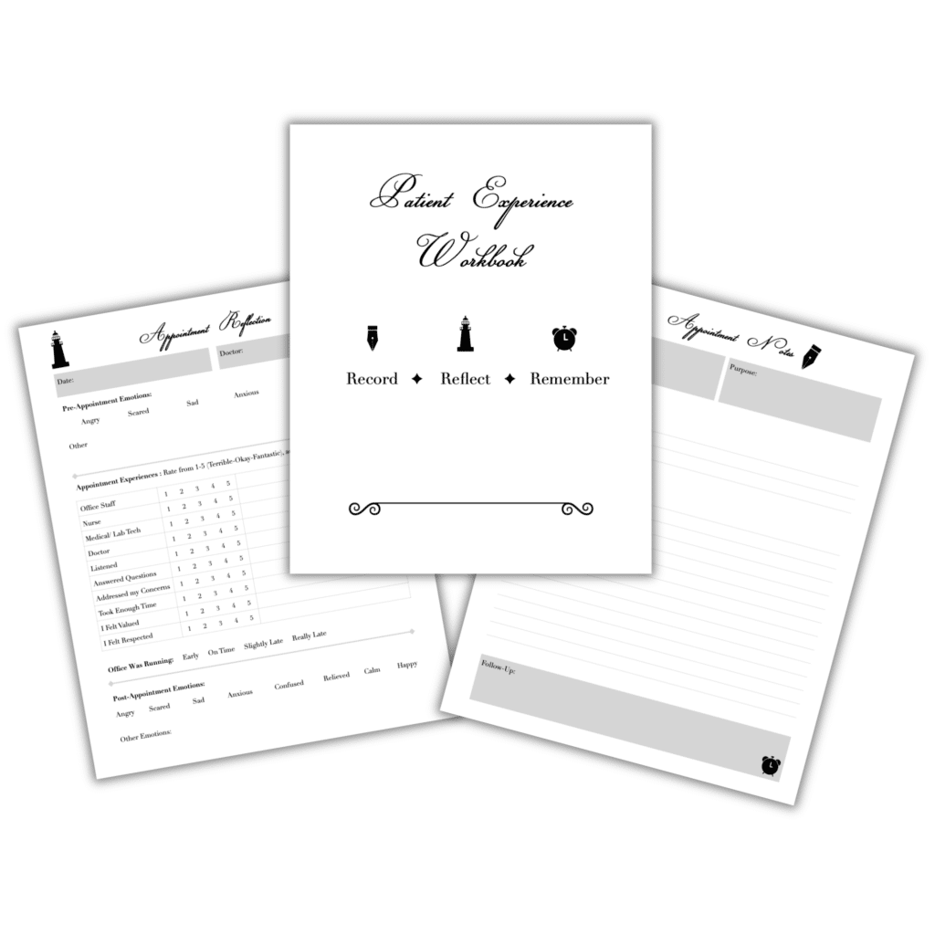 Three worksheets from patient experience workbook arranged on a white background