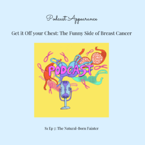 Photo of podcast cover. Text reads: Podcast Appearance Get it off your Chest: The funny side of breast cancer