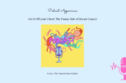 Photo of podcast cover. Text reads: Podcast Appearance Get it off your Chest: The funny side of breast cancer