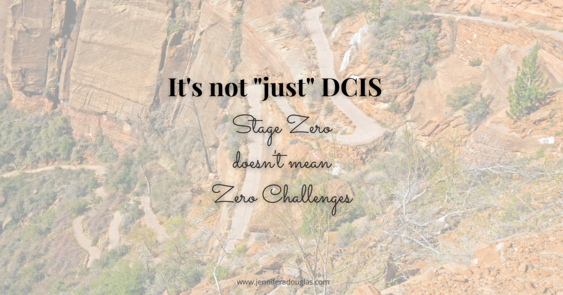 Background photo of a trail going up a mountain. Text reads: It's not Just DCIS. Stage Zero doesn't mean Zero Challenges
