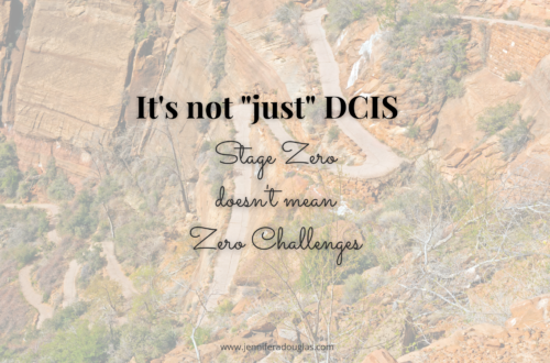 Background photo of a trail going up a mountain. Text reads: It's not Just DCIS. Stage Zero doesn't mean Zero Challenges