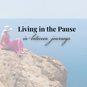 Photo of a woman in a pink dress sitting on a rock overlooking the ocean. Text reads Living in the Pause: In-between journeys