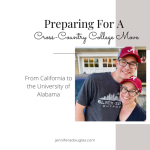 Preparing for a Cross-country college move. Photo of author and son wearing Alabama hats.
