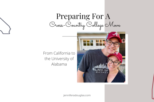 Preparing for a Cross-country college move. Photo of author and son wearing Alabama hats.