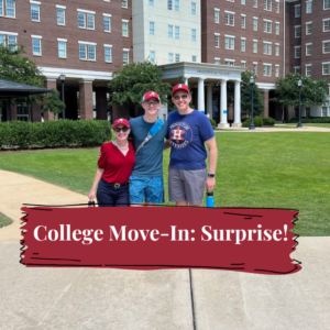 Author, son and husband in front of a University of Alabama residence hall.