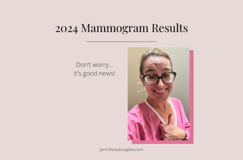 pink header with text reading 2024 mammogram results. Photo of author in a pink gown giving a thumbs up.