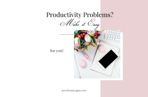White and pink graphic with a desk flatlay. test reads productivity problems, make it easy for you.