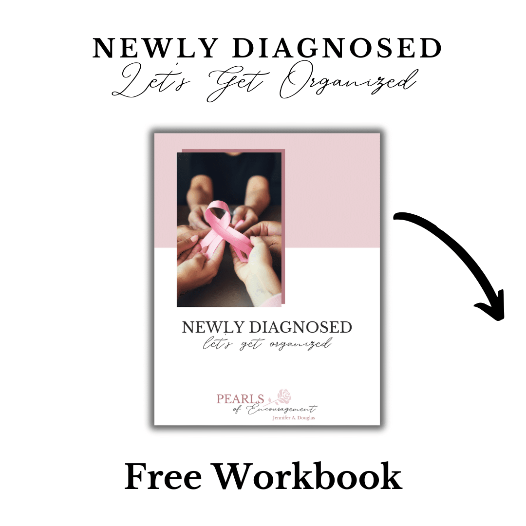 Newly Diagnosed- lets get organized, free workbook text with graphic of workbook and an arrow