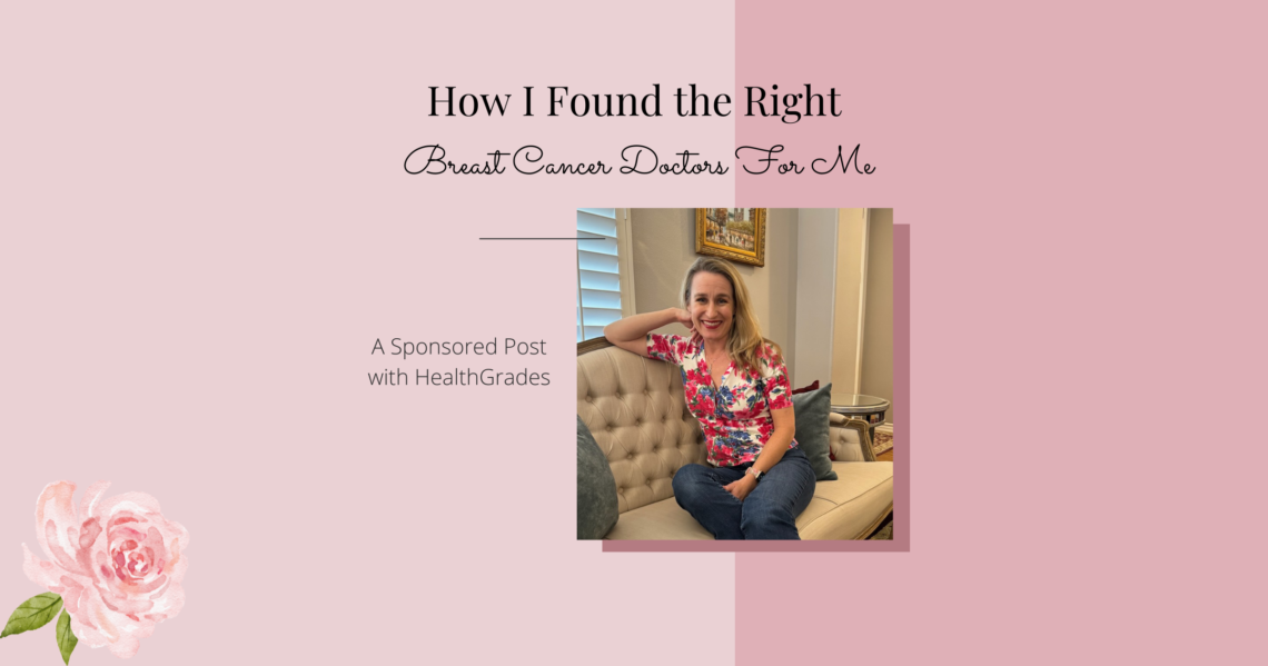 Pink background with author sitting on a couch. Text reads " How I found the right breast cancer doctors for me."