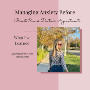 Pink background with a photo of author walking along a path looking backwards. Text reads " Managing anxiety before breast cancer Doctor's appointments: What I've learned.