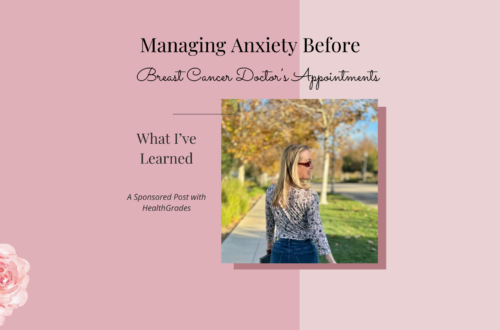 Pink background with a photo of author walking along a path looking backwards. Text reads " Managing anxiety before breast cancer Doctor's appointments: What I've learned.