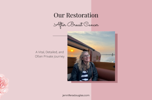 Photo of author at sunset in a boat, text reads Our restoration after breast cancer