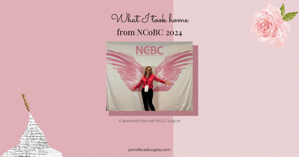 Pink background with text "What I took home from NCOBC 2024" photo of author with pink butterfly wings behind her