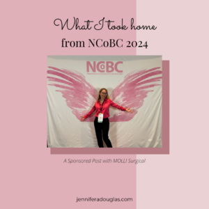 Pink background with text "What I took home from NCOBC 2024" photo of author with pink butterfly wings behind her