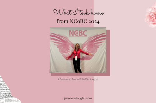 Pink background with text "What I took home from NCOBC 2024" photo of author with pink butterfly wings behind her