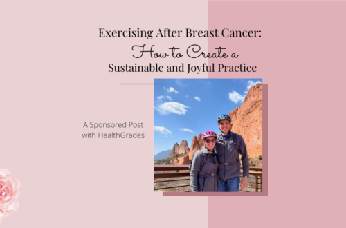 pink background. photo of author and husband in front of red rock. Title reads "Exercising after cancer: How to create a sustainable and joyful practicee
