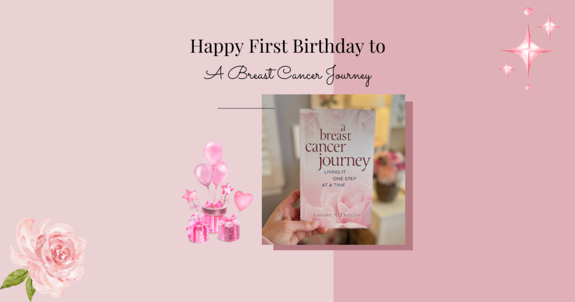 Happy Book Birthday to A breast Cancer Journey text over book image and pink background