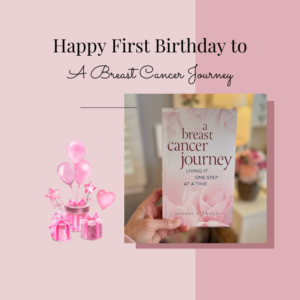 Happy Book Birthday to A breast Cancer Journey text over book image and pink background