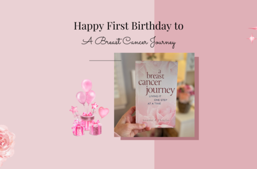 Happy Book Birthday to A breast Cancer Journey text over book image and pink background