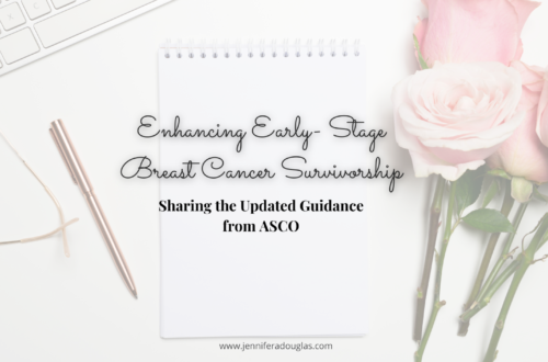 Background of a desk with pink roses with text reading "Enhancing Early Stage Breast Cancer Survivorship"