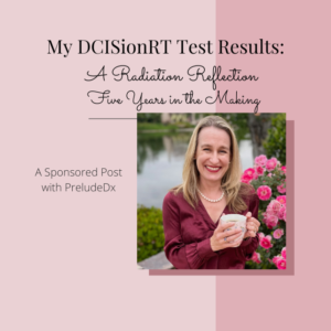 Pink header image with author holding a coffee cup. Text reads " My DCISionRT Test Results: a radiation reflection five years in the making