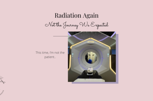 Pink background with photo of radiation machine. Text reads radiation again, not the journey we were expecting.