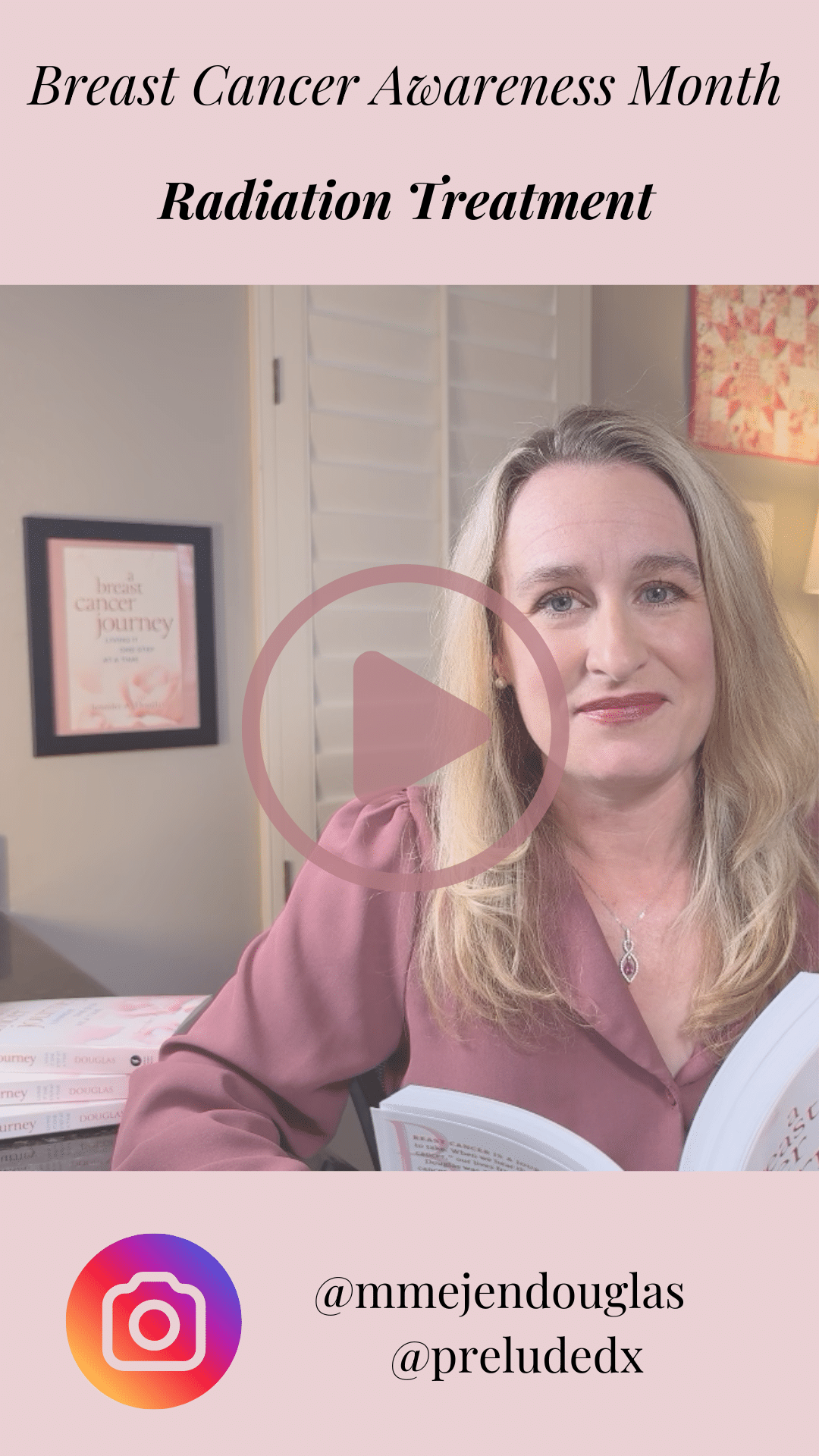 Pink background with photo of author holding her book. Text reads Breast Cancer Awareness Month Radiation Treatment