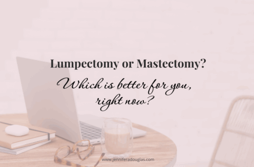 photo of a desk with a computer and other tech. Text reads Lumpectomy or Mastectomy? which is right for you, right now?