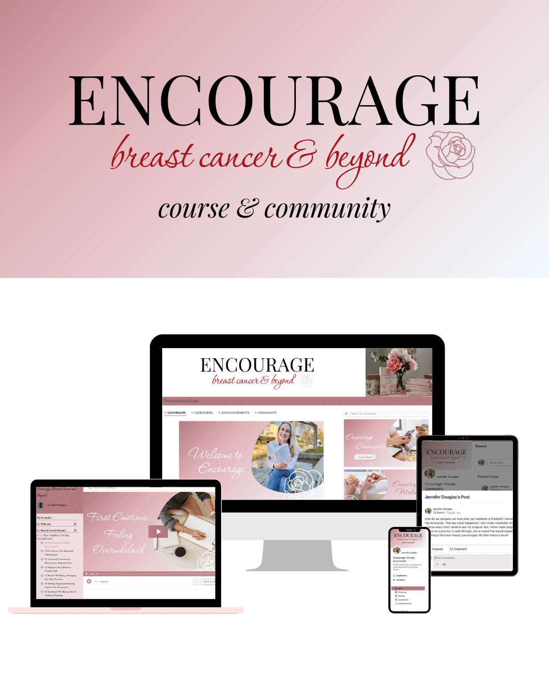 Encourage breast cancer and beyond course and community with screenshots of the program below the words
