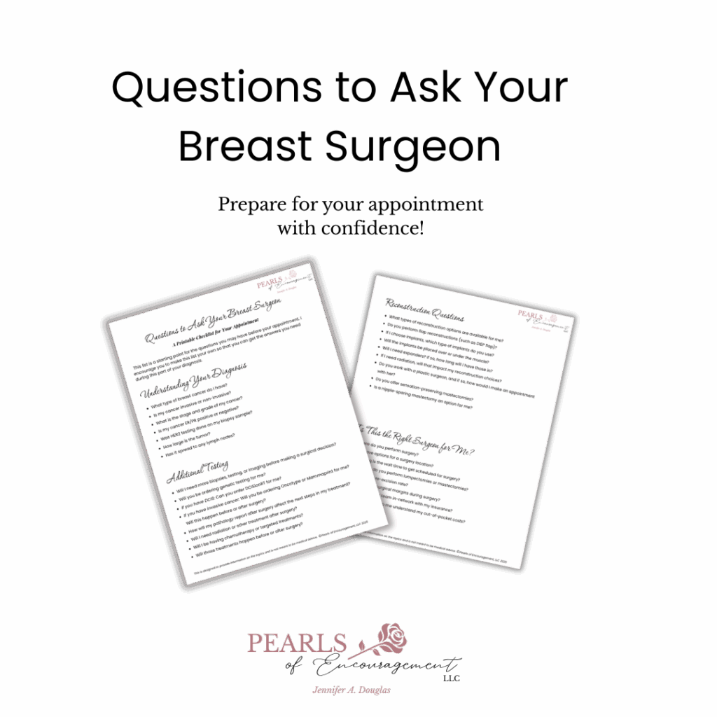 Graphic with two sheets of paper and text that reads questions to ask your breast surgeon