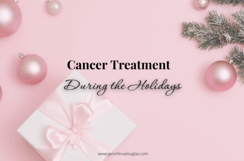 Pink background with pink Christmas ornaments, a pine branch and a present. The text reads cancer treatment during the holidays.