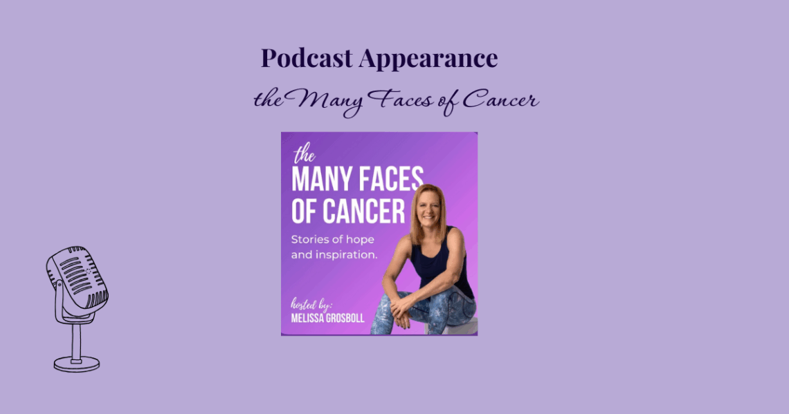 Lavender background. Text reads Podcast appearance many faces of cancer. Photo of a podcast clip with the host smiling