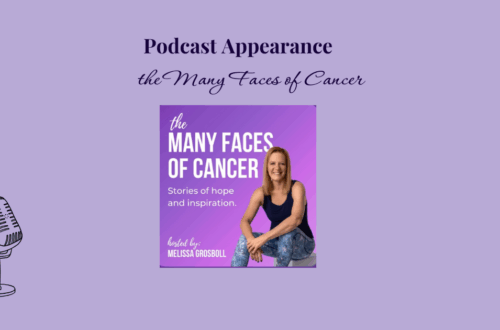 Lavender background. Text reads Podcast appearance many faces of cancer. Photo of a podcast clip with the host smiling