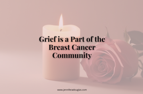 Candle and rose with text that reads Grief is a Part of the breast cancer community