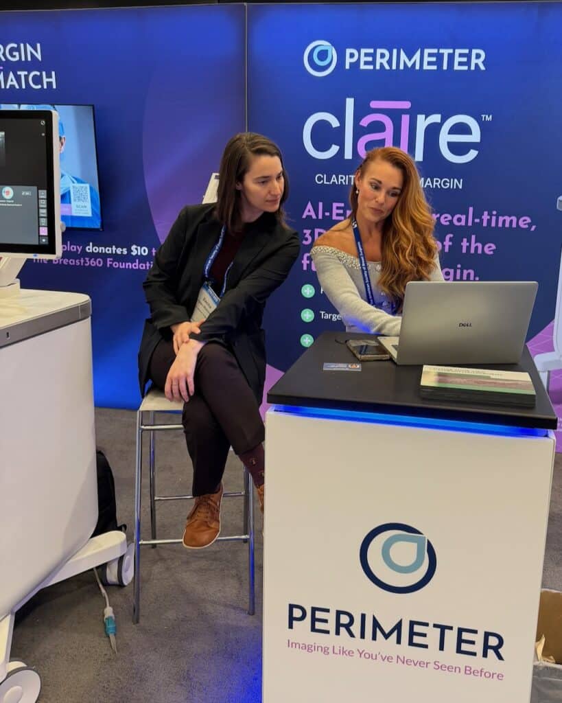 Perimeter Employees lookign at a laptop at a conference booth